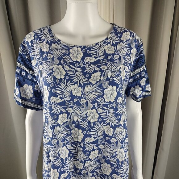 Emery Rose Womens Blue, White Floral Pattern Short Sleeve Midi Dress Size L - Picture 2 of 10